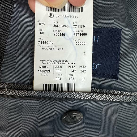 Joseph Abboud Mens 100% Wool Suit Jacket Coat Blazer Gray Made in USA Size 46R - Picture 10 of 11